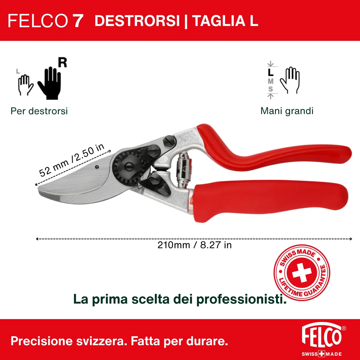 FELCO 7 forbice bypass per destrimani con manico rotante, lama in acciaio temprato 45 mm, manici in alluminio forgiato, ergonomia per mano grande, taglio potente 25 mm