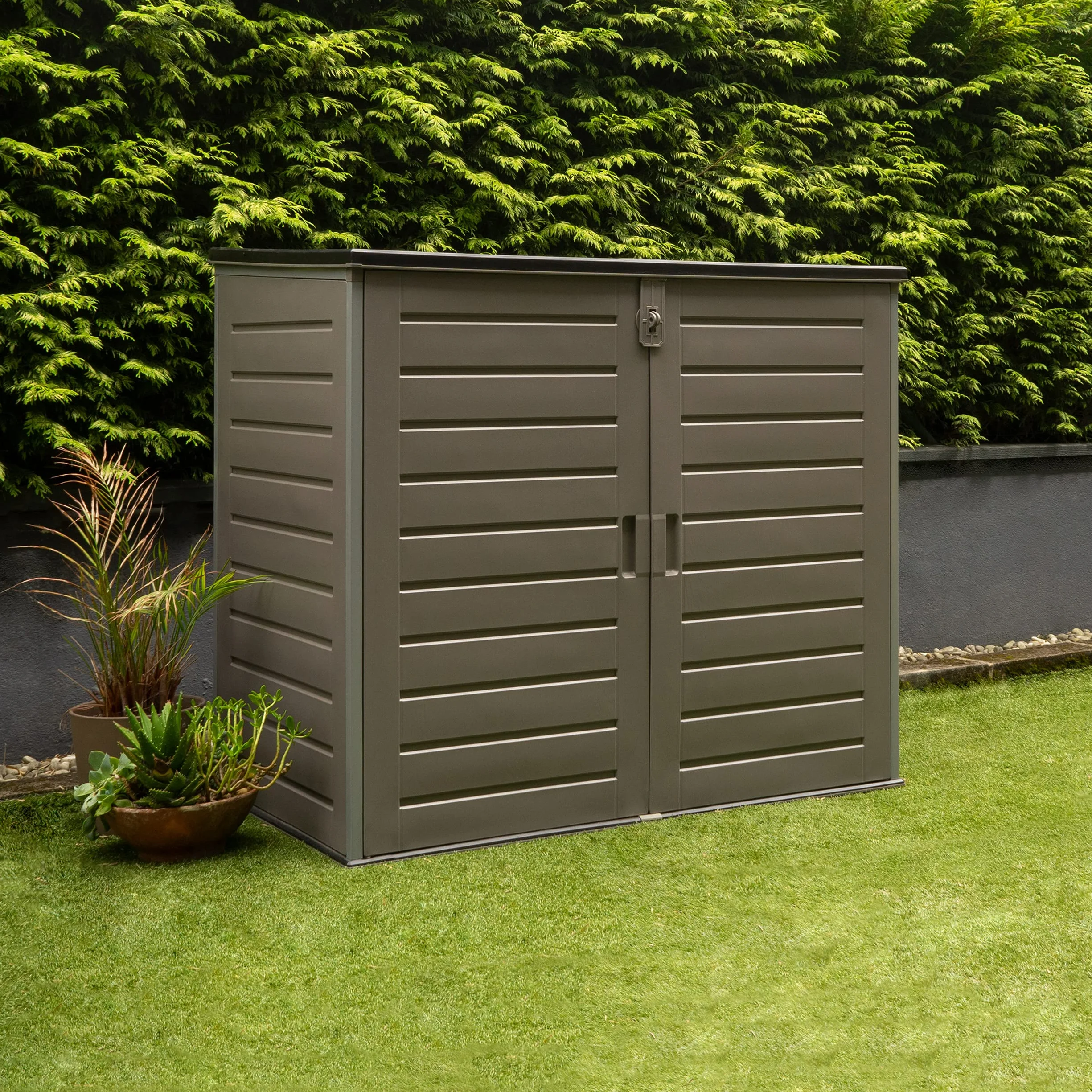 Wasabi - Armadio da Esterno in Resina 1170L – 140x82x124cm – Pavimento Incluso - Porta Doppia e Coperchio Ribaltabile – Struttura in Metallo – Pannelli in Polipropilene – Chiusura con Catenaccio