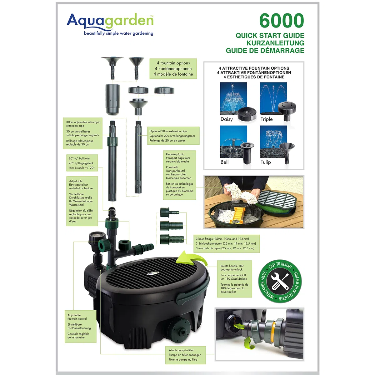 Aquagarden Inpond 6000, pompa per laghetto e acqua, filtro, chiarificatore UV, faretto LED e fontana, soluzione completa per un laghetto pulito, limpido e bello, per laghetti fino a 2000 litri, nero
