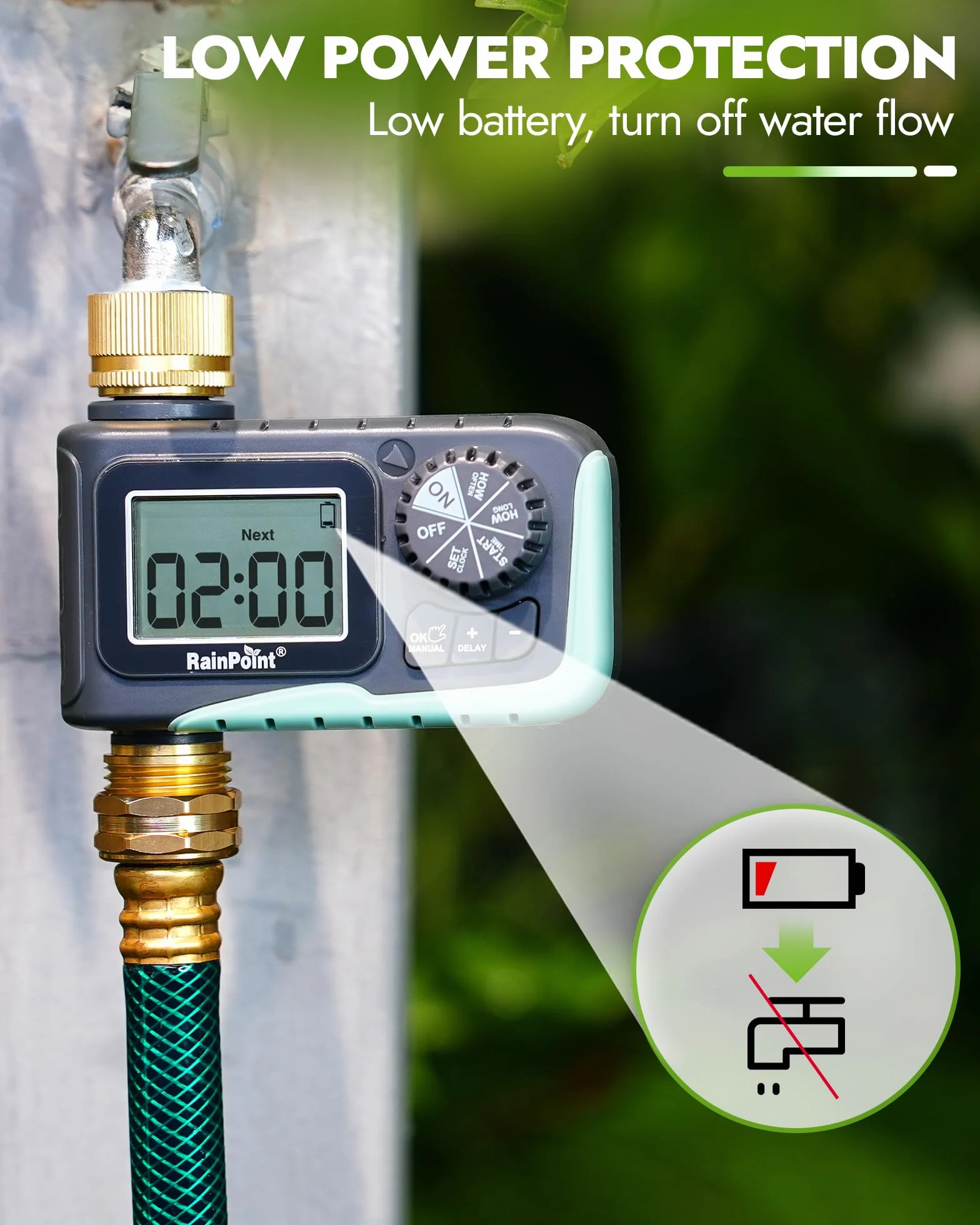RAINPOINT Timer irrigatore con ingresso e uscita in ottone, timer programmabile per tubo da giardino, timer per irrigazione con ritardo della pioggia/sistema di irrigazione manuale, irrigazione