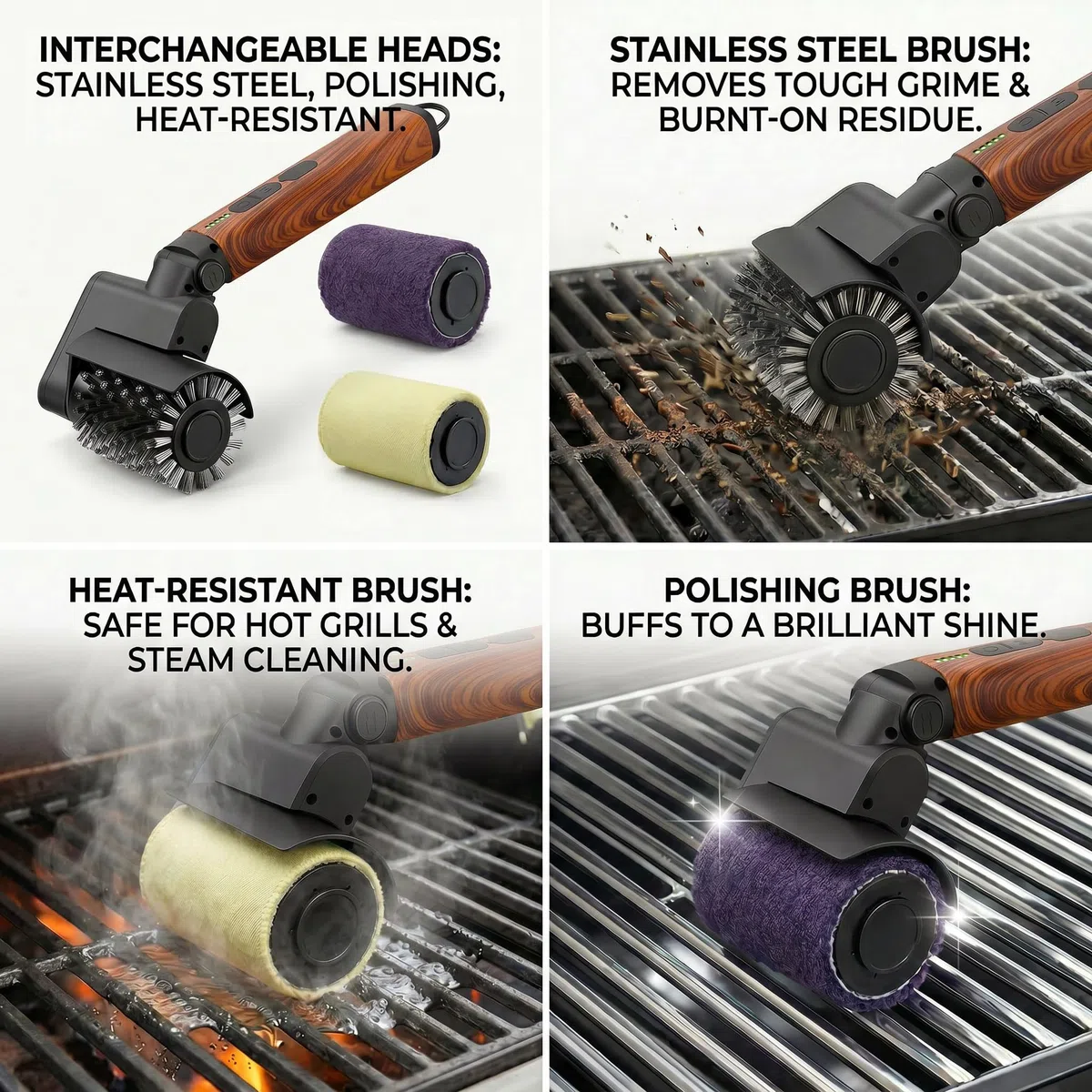 Spazzola elettrica per barbecue a batteria, testa regolabile a 90°, motore a 3 livelli, autonomia di 150 minuti, impermeabile, testine per griglia, affumicatore, piastra per barbecue (rivestimento in