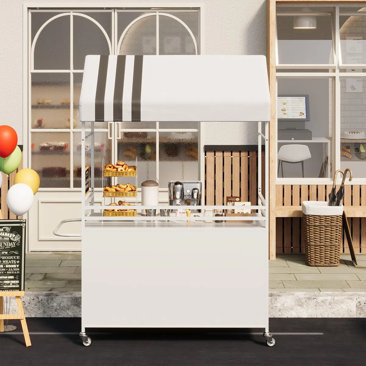Carretto ambulante portatile con tettoia, carretto mobile per alimenti con ruote bloccabili, espositore da strada alto 215 cm, robusto, ideale per street food, caffè, eventi interni ed esterni.