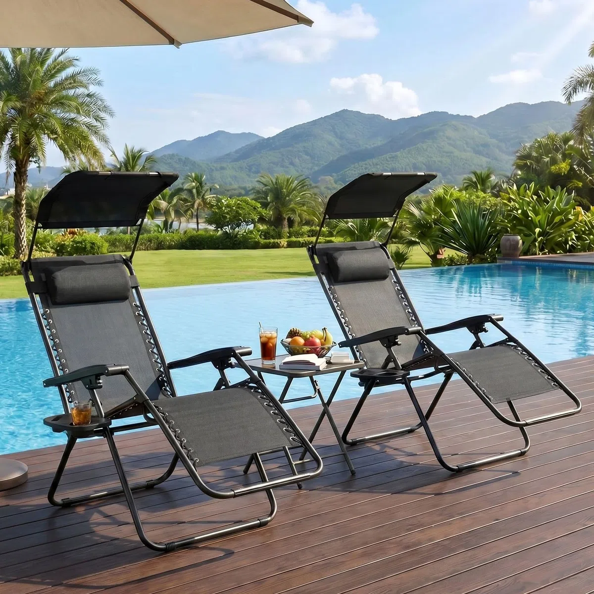 VOWNER Sedie da Giardino Pieghevoli, Set di 2 Poltrone Esterno, Nero | Poltrone pieghevoli da esterno con tettuccio parasole e porta bevande per piscina.