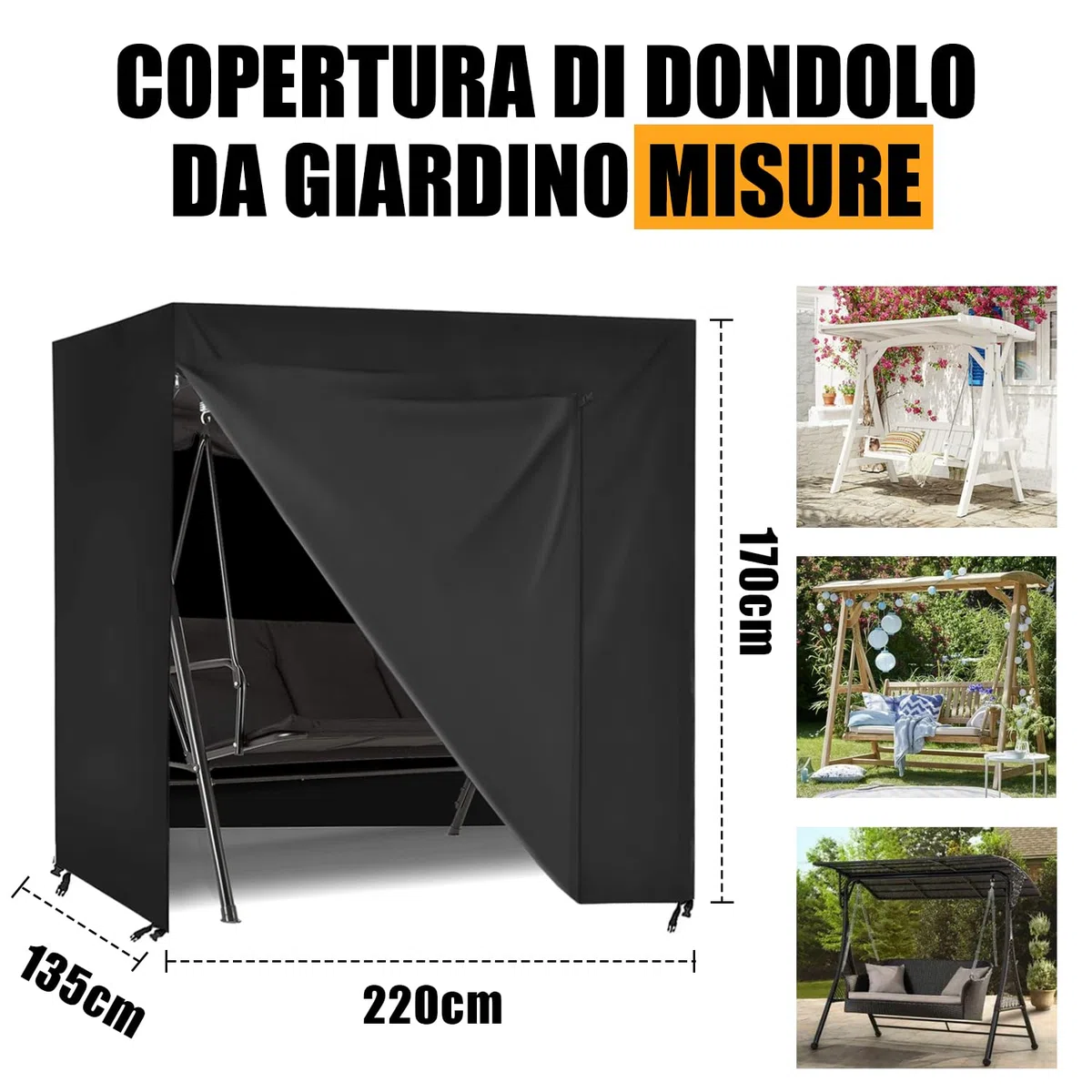 Copertura per Dondolo da Giardino Impermeabile, Copri Dondolo 3 Posti Esterno, Antivento, Crema solare, 600D Oxford per Tettuccio per Dondolo 3 Posti (Nero, 220x135x170cm)