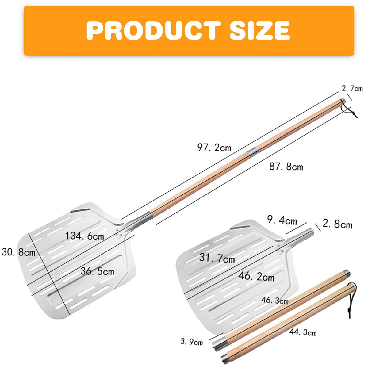 GBKDQQ Pala per pizza, 135 cm, pala per pizza, forata, grande cursore per pizza, in alluminio con manico lungo in legno rimovibile, per cucina e gastronomia