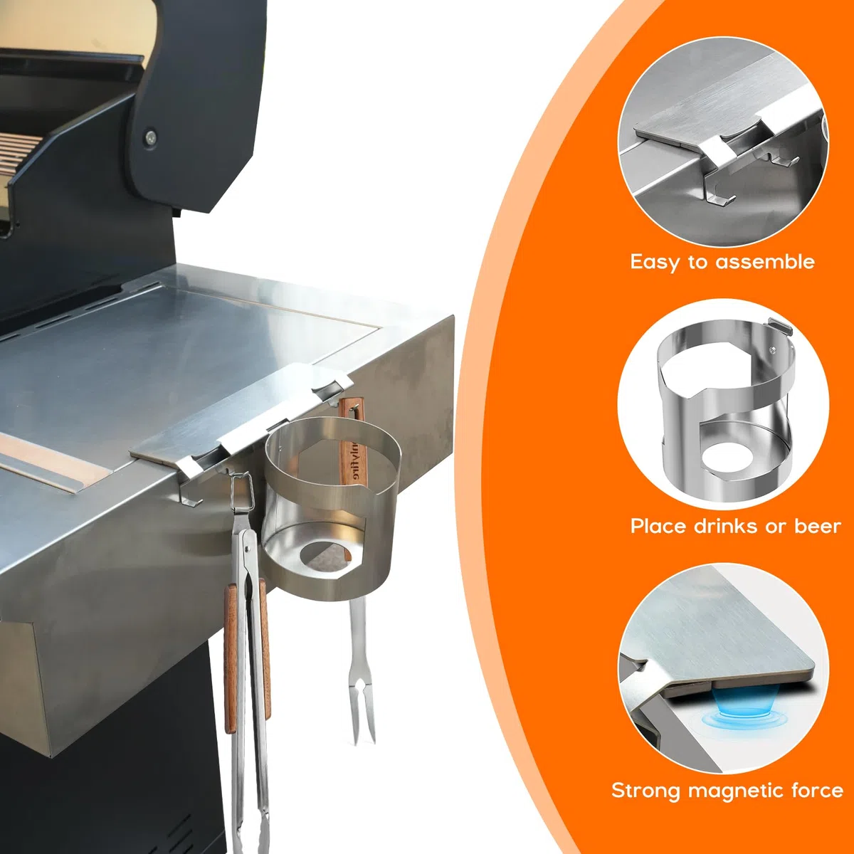 onlyfire Portautensili Magnetico per Barbecue a Gas, Porta Utensili Barbecue con Portabottiglie e 4 Ganci