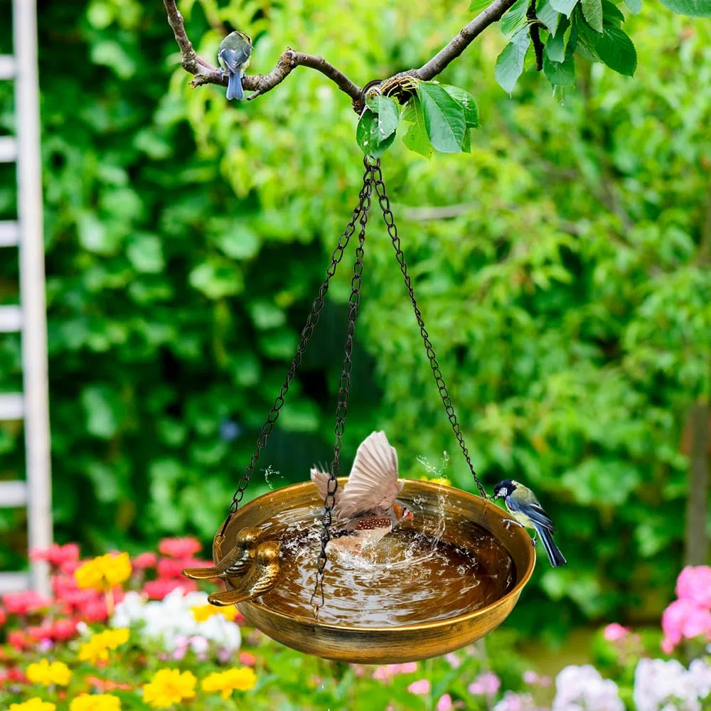 Mangiatoia per uccellini da esterno appendere, abbeveratoio per uccelli con uccellini decorativi in metallo balcone e terrazzo, beverino uccelli selvatici da giardino, bird feeder