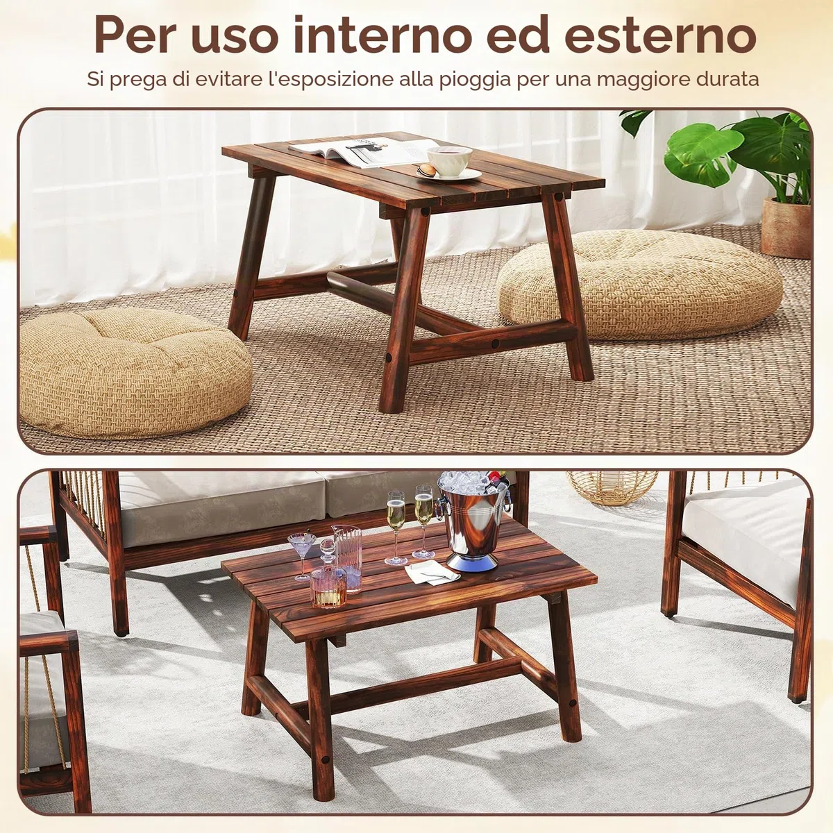 KOMFOTTEU Tavolo da giardino in legno massello, tavolino ausiliario terreza esterno con carico di 125 kg, tavolino basso rettangolare con piano a doghe per balcone, patio, 90 x 55 x 50 cm (marrone)