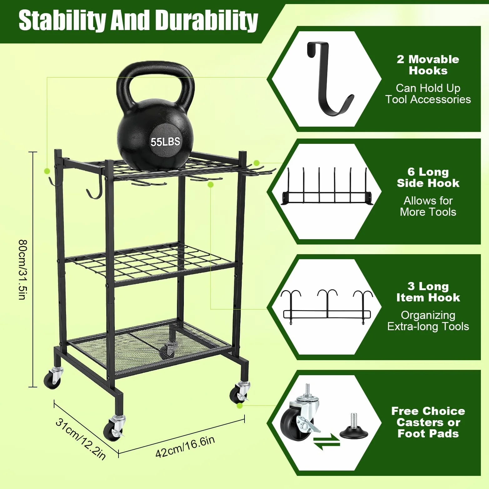 Porta Attrezzi da Giardino su Ruote,71 X 42 X 31 Cm,in Metallo,con 4 Ganci E 35 Scomparti,Organizer per Attrezzi da Giardino per Riporre Scope,Pale E Rastrelli