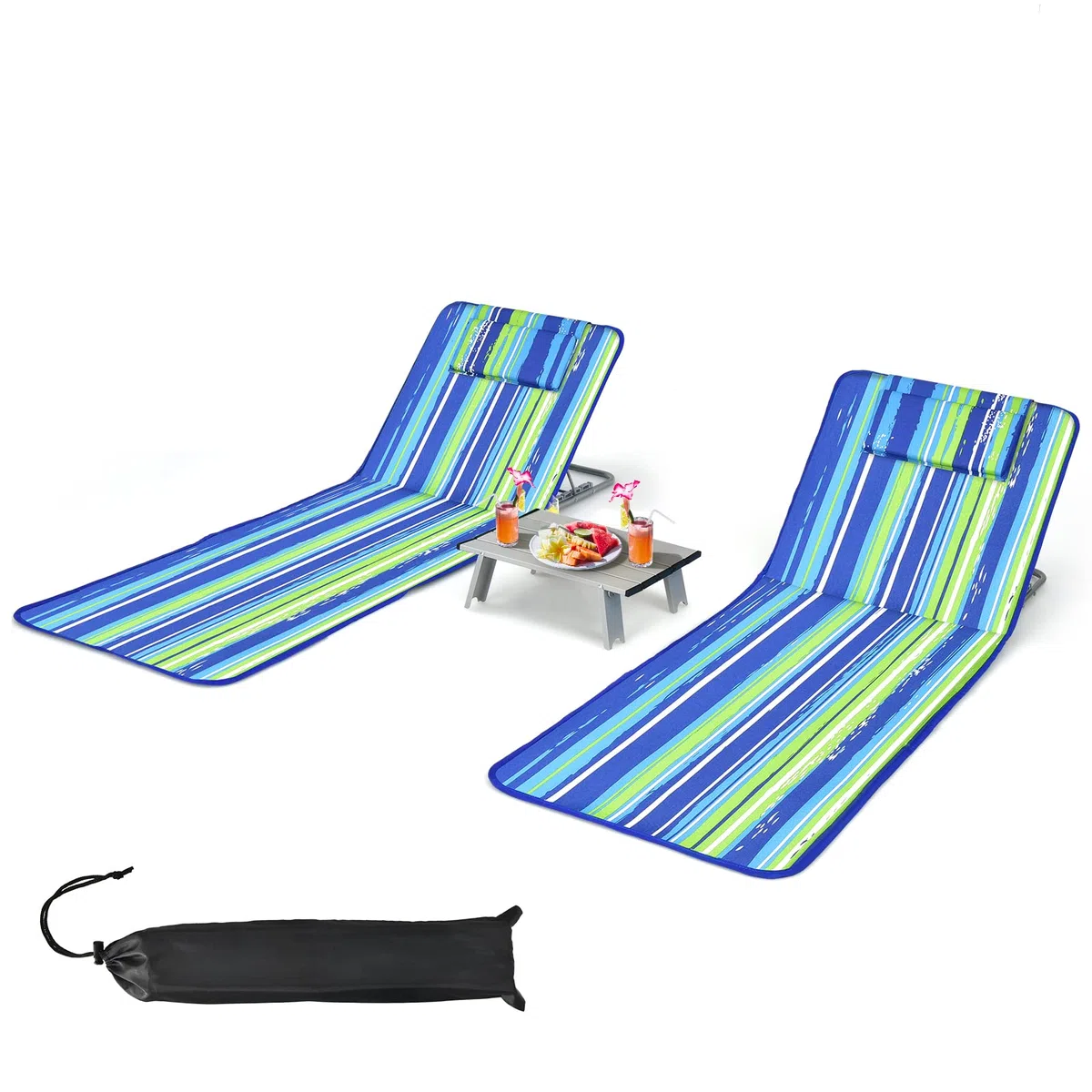 KOMFOTTEU Set di 2 Lettini da Spiaggia con Tavolino, Stuoia Mare Imbottita Reclinabile in 5 Livelli Pieghevole, Tappetini da Spiaggia con Poggiatesta Rimovibile, Portabile con Tracolla, Blu e Verde