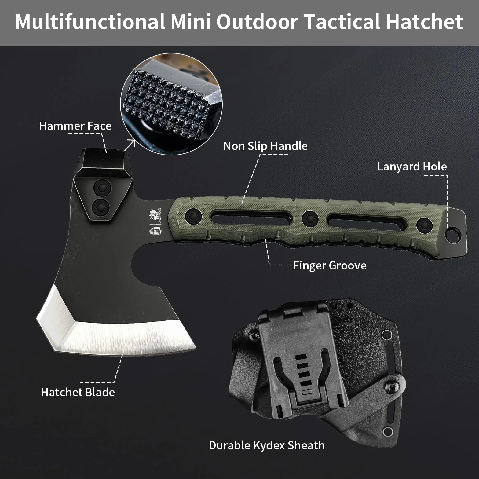 HX OUTDOORS Ascia Multifunzionale, Piccola Tattica da Sopravvivenza per Campeggio, Piccolo Ascia da Bushcraft con Martello e Fodero in Kydex (Verde Militare)