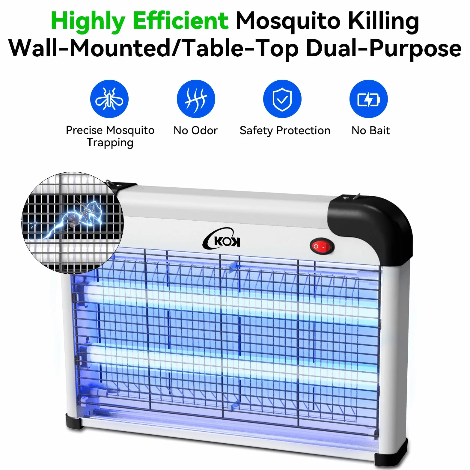 KOK 20W UV Lampada Antizanzare Elettrica viene fornita con due lampadine di ricambio, non contiene sostanze chimiche ed è adatta per ambienti interni come camere da letto, soggiorni e cucine