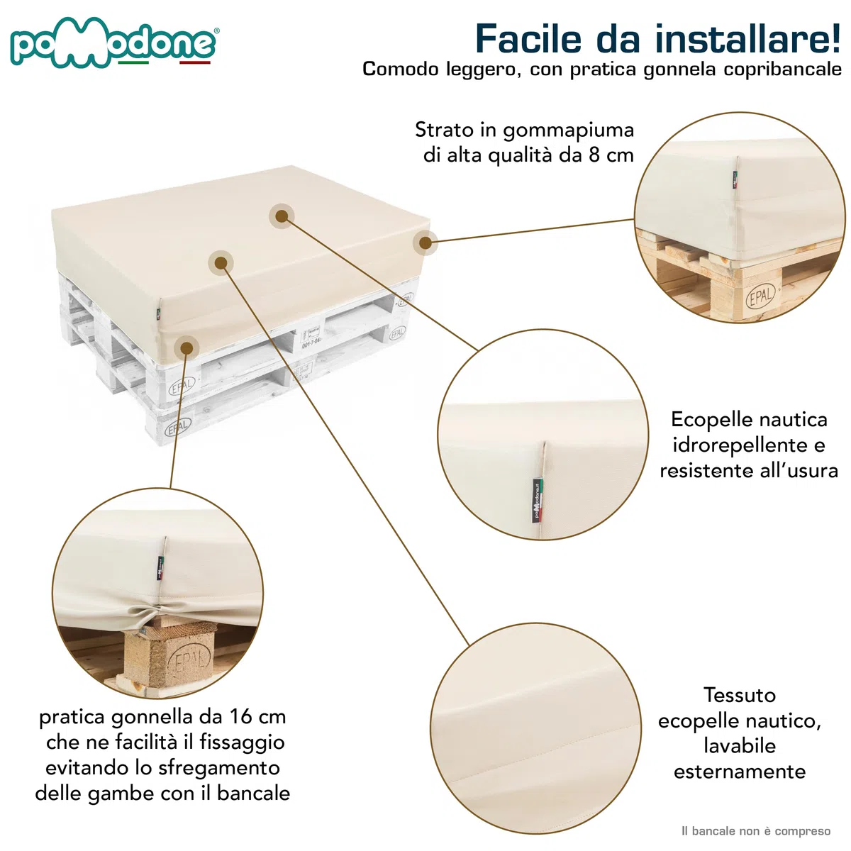 pomodone Cuscini per Pallet Legno Epal 120x80 Divano da Esterno Materasso per Bancale Europallet Impermeabile Lavabile in Ecopelle Resistente ai raggi UV Made in Italy (Bianco)