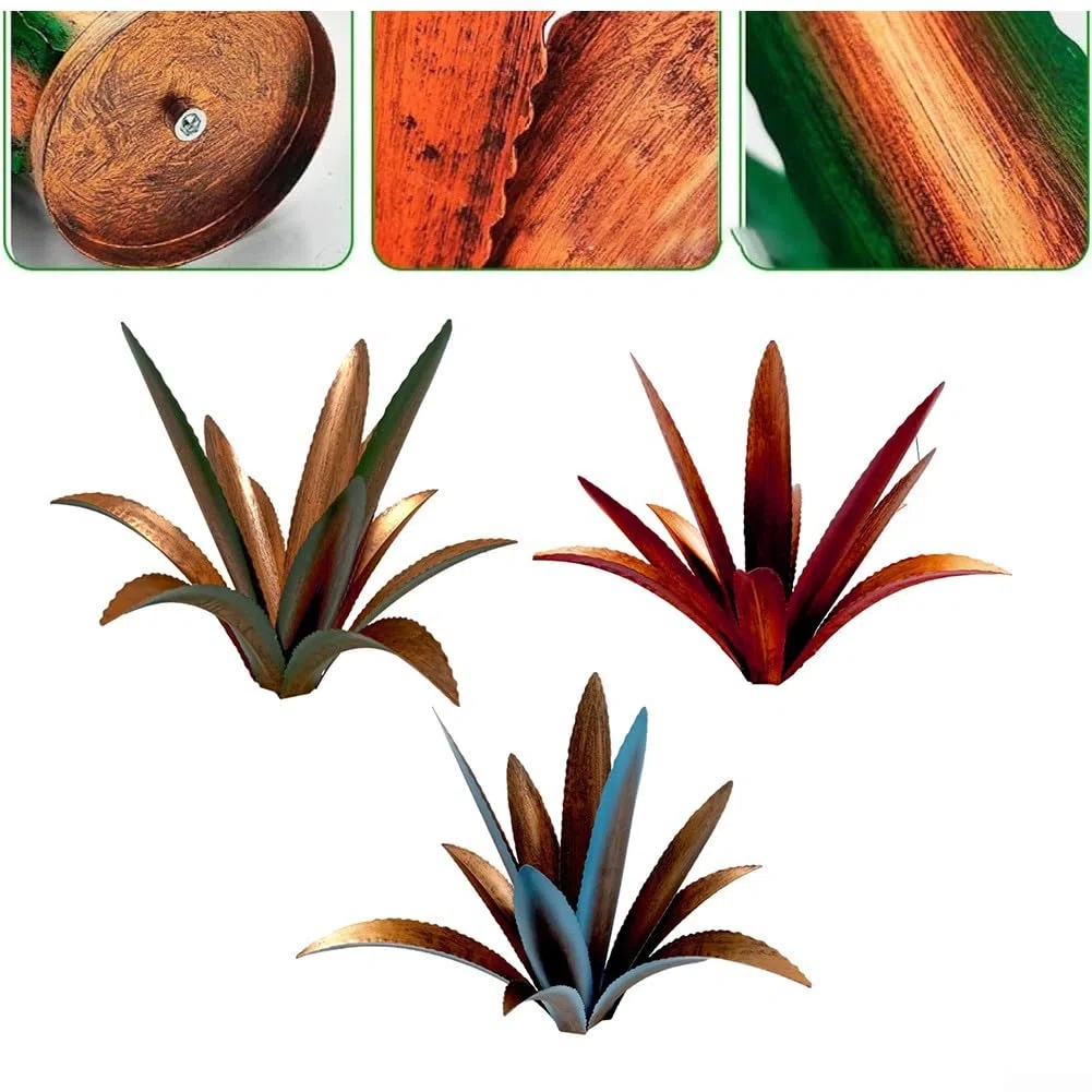Decorazione per esterni in agave di ferro per giardino e patio, scultura in metallo con viti a forma di H sicure per stabilità e finitura resistente alle intemperie (rosso con asta ad H)