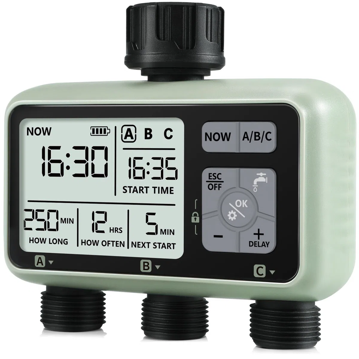 CROSOFMI 3 Vie Timer Irrigazione Automatica Digitale Centralina Irrigazione Temporizzatore Programmatore Irrigazione Giardino /IPX5 Impermeabile/Ritardo Pioggia/Modalità di Irrigazione Manuale