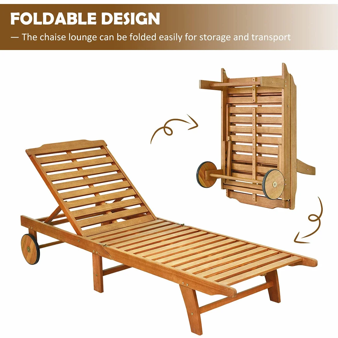 KOMFOTTEU Lettino Prendisole con Schienale Regolabile, Sedia Sdraio in Legno di Eucalipto, Sdraio dav Spiaggia con Cuscino e 2 Ruote, Portata fino a 160 kg, Natura e Beige, ‎195 x 68 x 30-90 cm (1)