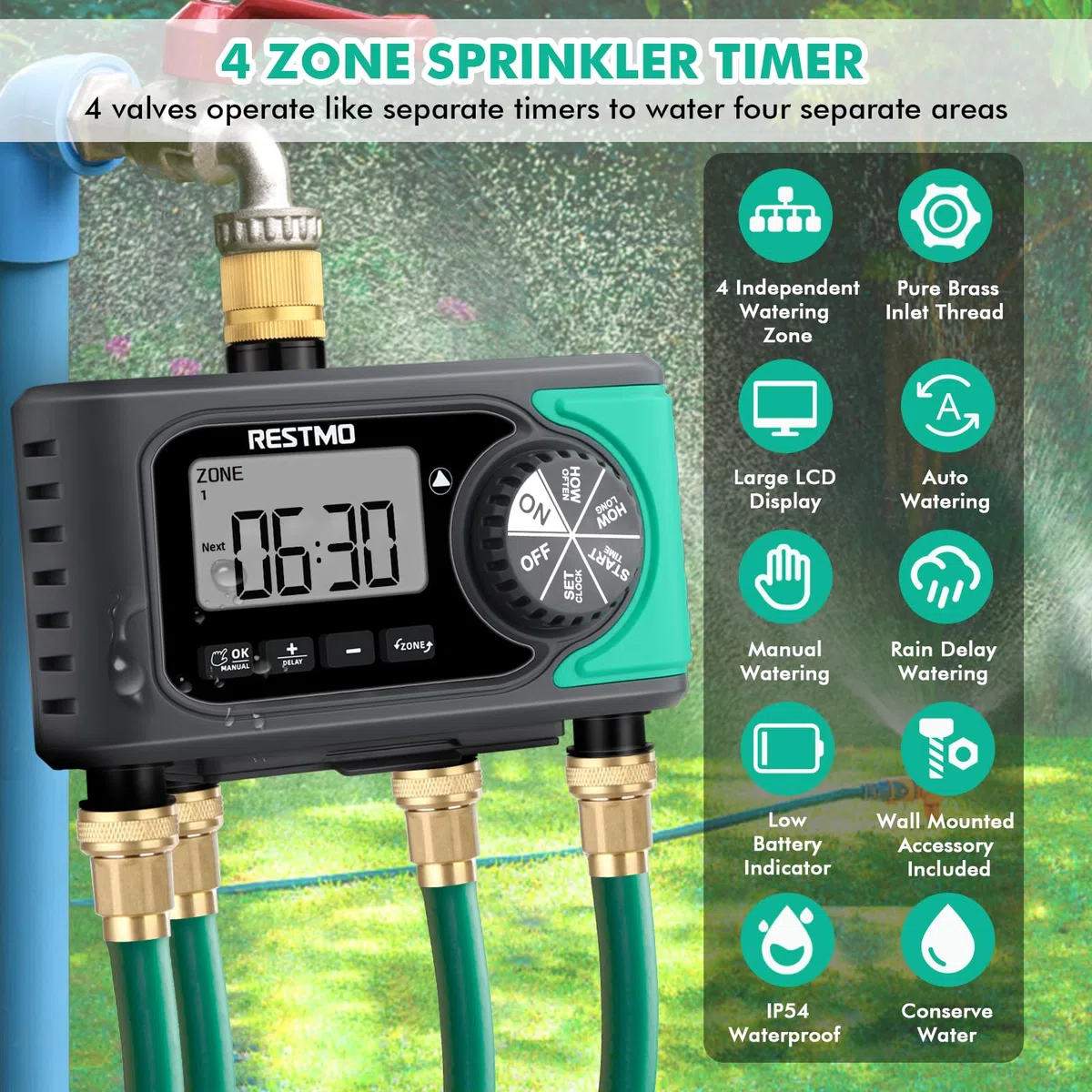 RESTMO Timer irrigatore a 4 uscite con ingresso in ottone, timer dell'acqua programmabile a 4 zone per tubo da giardino, controllo digitale automatico, ON/OFF manuale, ritardo pioggia, per rubinetto
