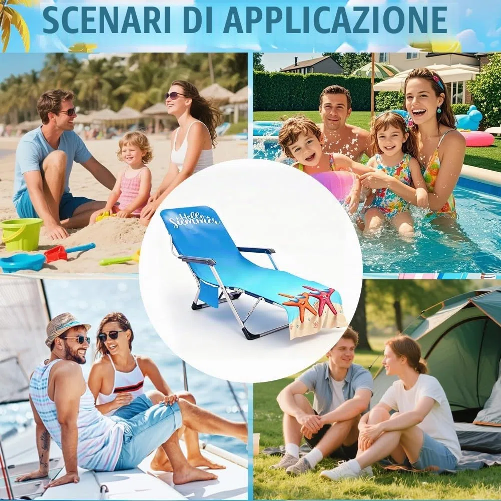 Copertura protettiva ocean per sedia da giardino, morbido telo in spugna per lettino/sdraio con 2 tasche, cuscino per sedia da giardino e sdraio, telo mare per piscina e spiaggia, 75 x 210 cm