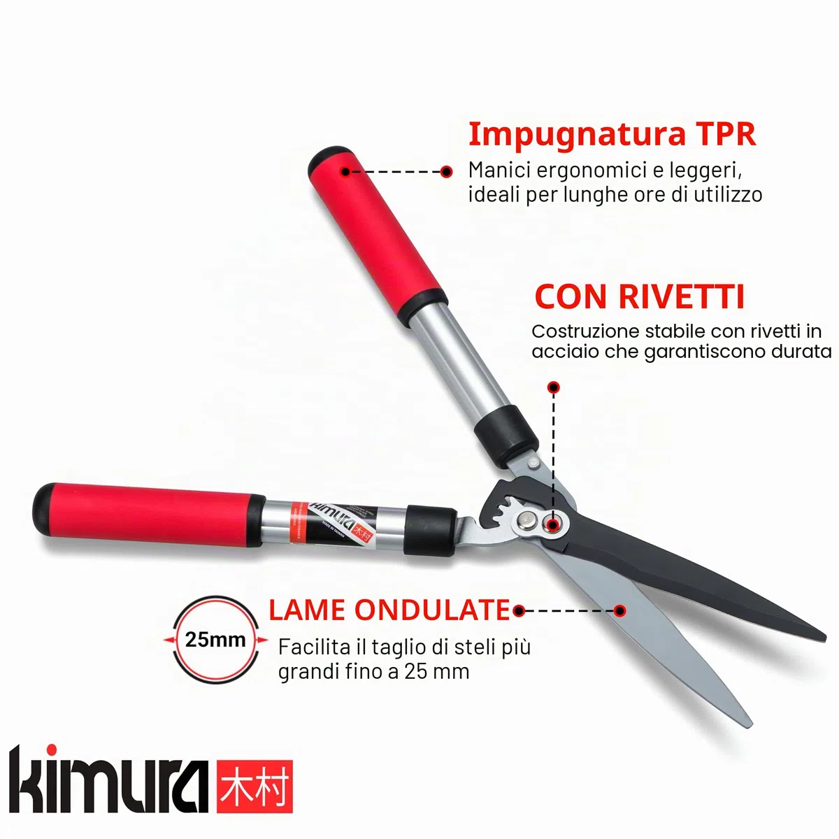 Cesoie da giardino Kimura Pro, cesoie per siepi di alta qualità, manici in alluminio leggero, lame affilate giapponesi SK5, tecnologia brevettata, acciaio antiruggine, giardinaggio - 560 mm
