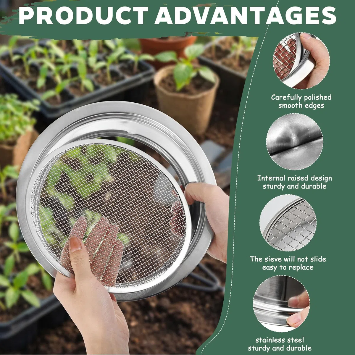 5 in 1 Setaccio da Giardino in Acciaio Inox Ø maglie 1, 3, 6, 9, 12 mm Setaccio per Sabbia + 1 Vanga a Mano Per Terra, Pietre, Compost, Erbacce e Sabbia