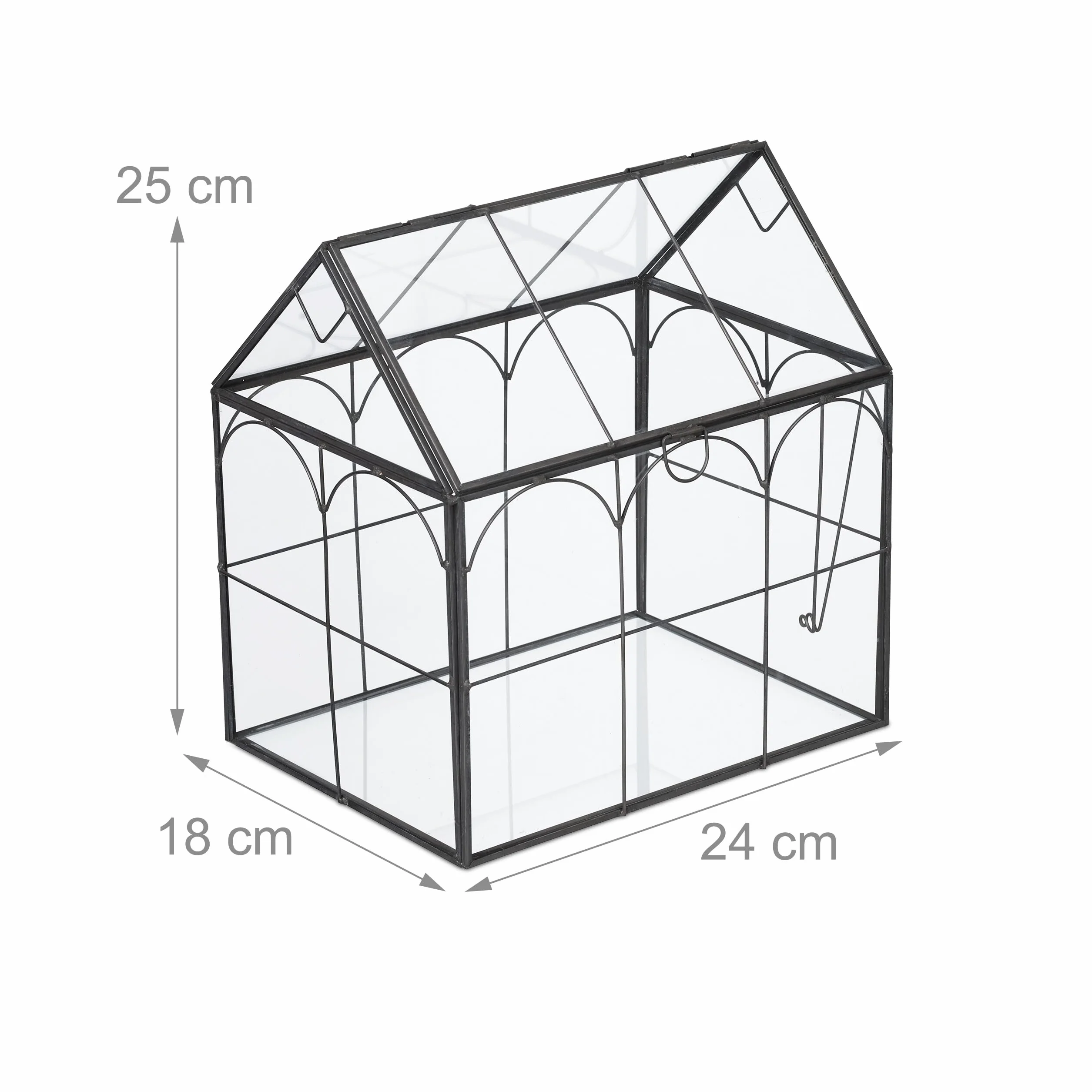 Relaxdays Terrario Piante, Mini Serra in Vetro e Zinco, Teca per Piantine Grasse e Muschi, Vaso Ecosistema Chiuso, Nero