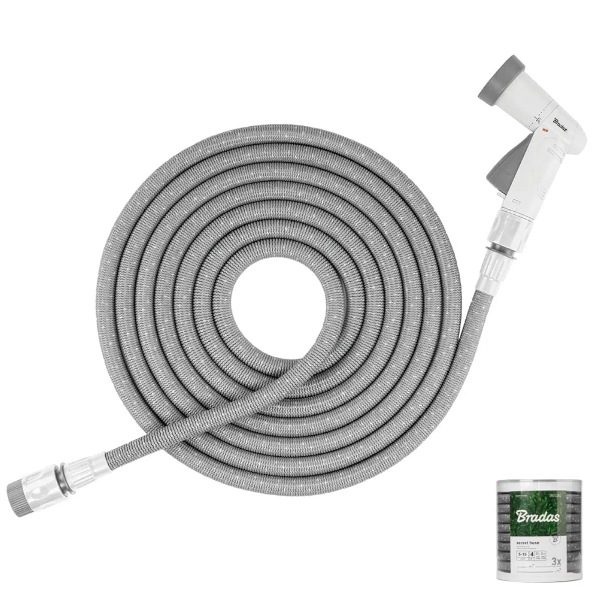 BRADAS - SECRET HOSE WSCH515GY, tubo estensibile 5/15 metri, ugello a 4 funzioni, tubo acqua espandibile adatto per giardino, giardinaggio, irrigazione, pulizia grandi spazi e autovetture.