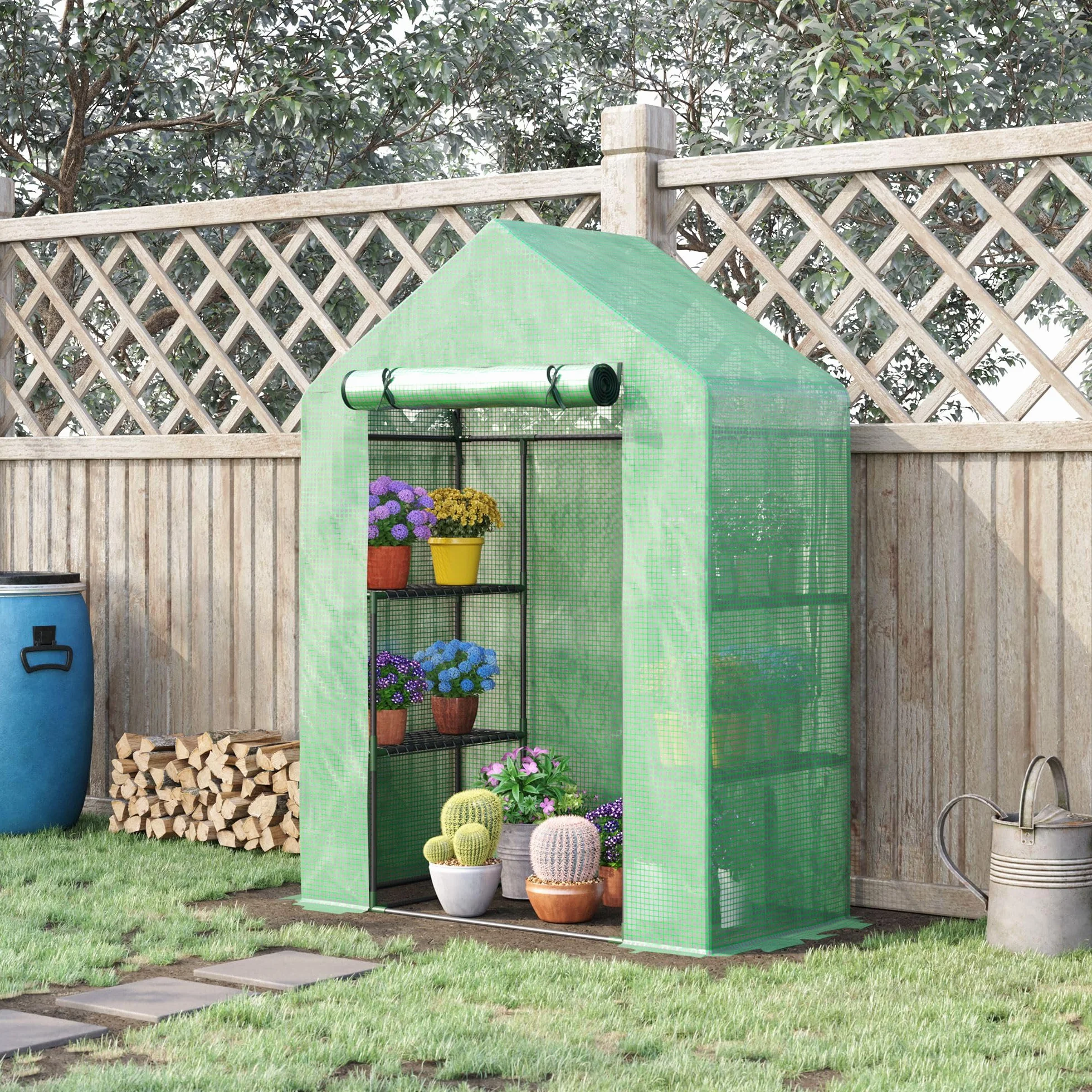 Outsunny Serra da Esterno con 4 Ripiani, Funi e Picchetti, in Acciaio e Plastica PE, 141x72x191 cm, Verde