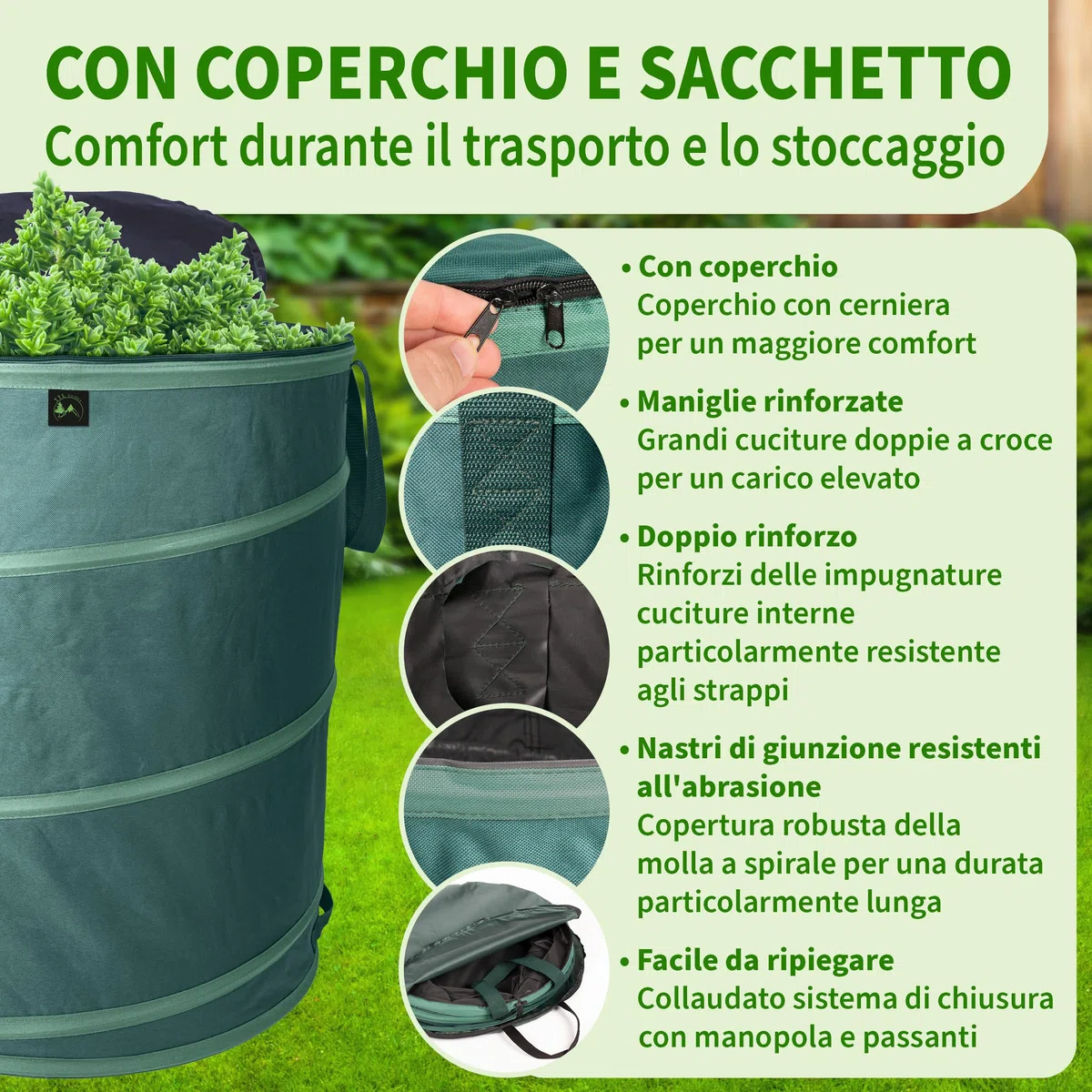TTL GARDEN Sacco da giardino Deluxe Pop Up da 270 l, con coperchio, 220 g/m², 600D, Oxford, 270 litri, pieghevole, grande, stabile, per il taglio verde, da giardino