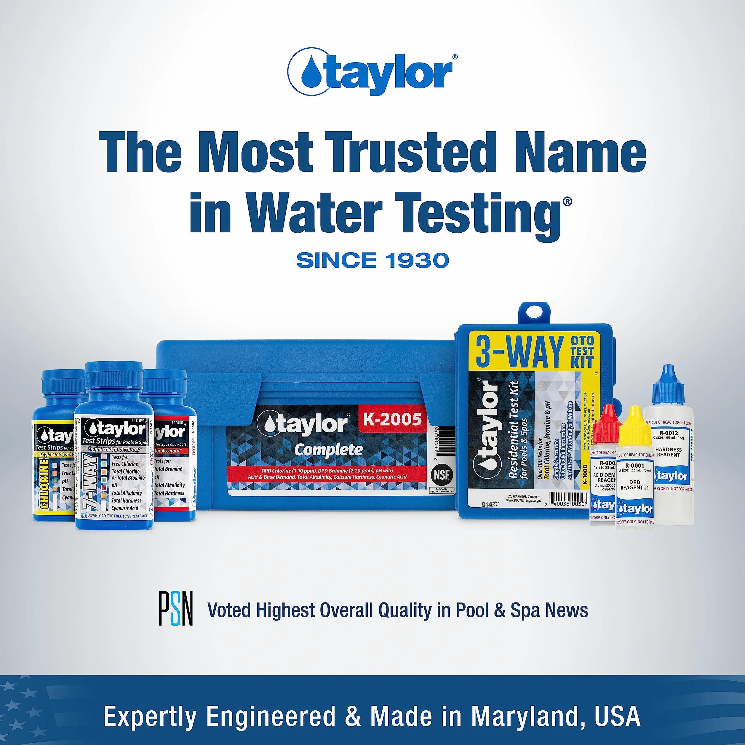 Taylor K-1005 DPD, kit per test piscina 9 in 1 per cloro libero e totale, bromo, pH, domanda di base, alcalinità, durezza del calcio, acido cianurico | Prodotto negli Stati Uniti, 1 pezzo