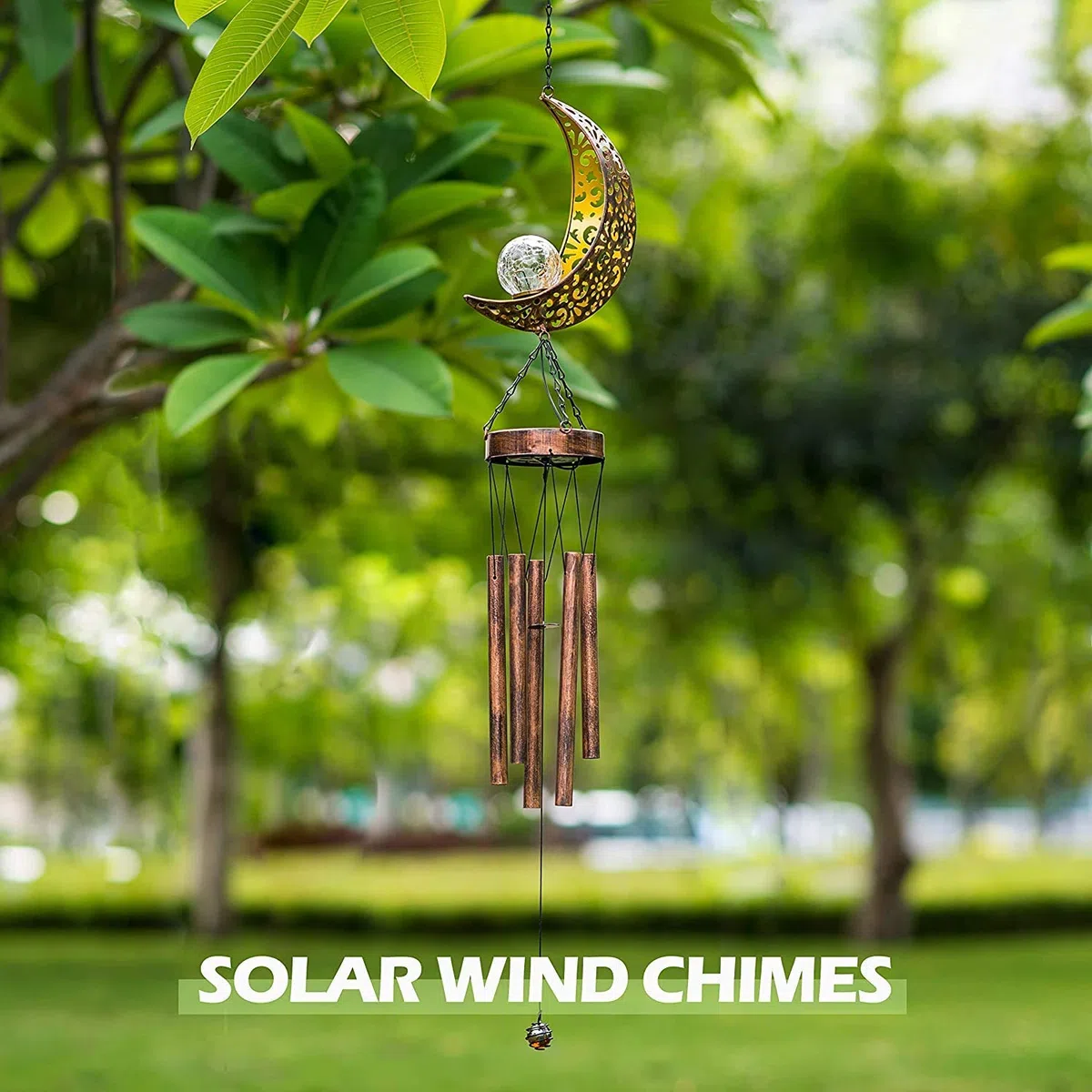 lifemet Campanelli a vento con luci solari a LED, luci notturne a forma di luna, per esterni, giardino, impermeabile, in metallo, per patio, terrazza, prato, cortile