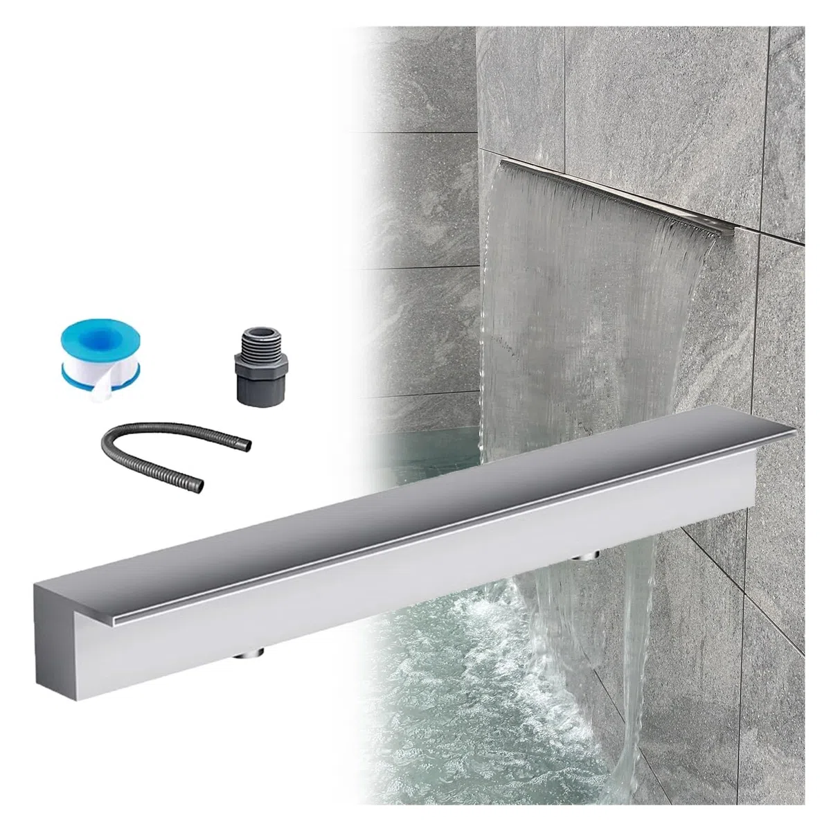 Kit di scarico a cascata da incasso in acciaio inossidabile per decorazione esterna per stagni di pesci e spa, regolabile da 30 a 198 cm di larghezza, con uscita spray da 20 cm
