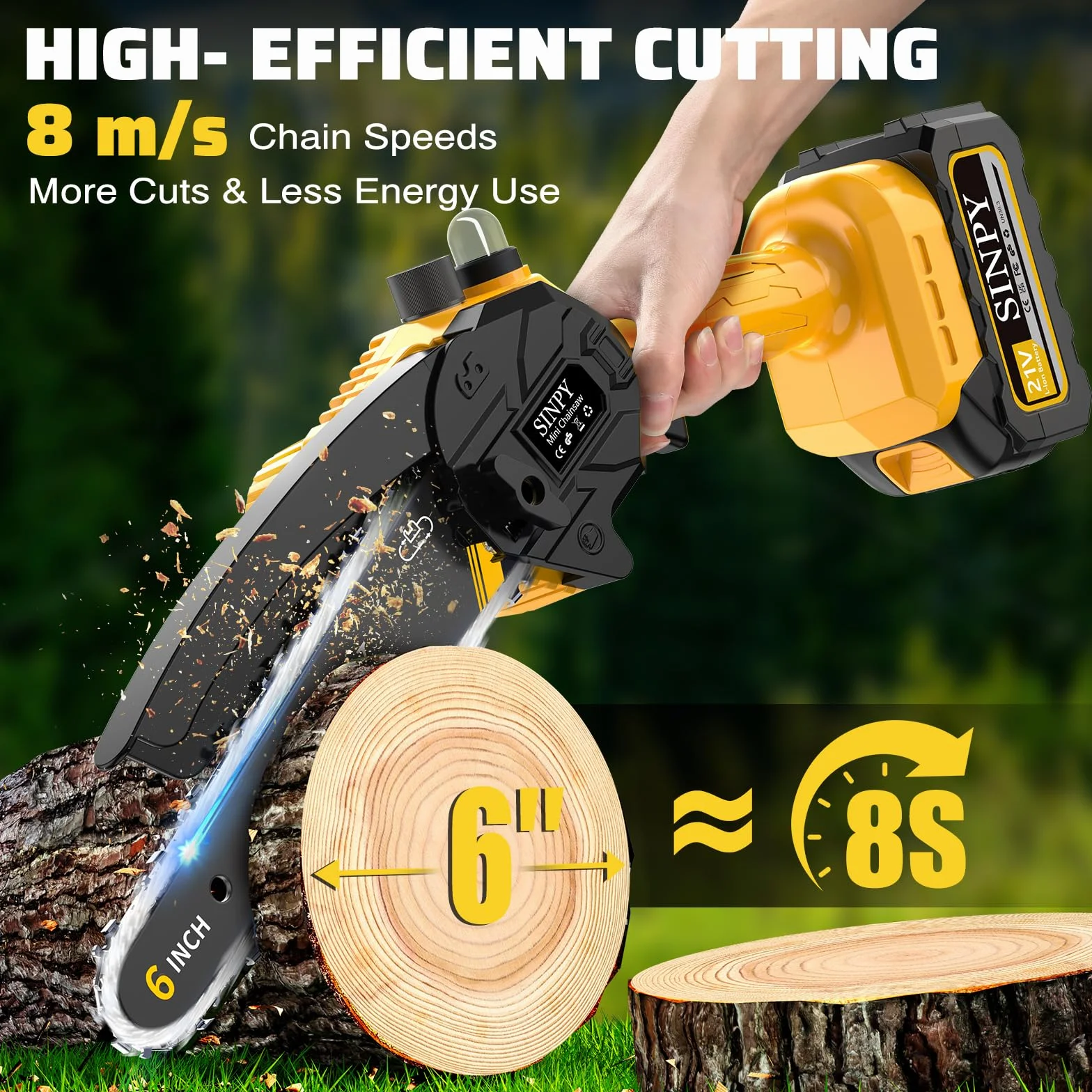 Mini Motosega a Batteria Per Potatura Con 2x4000 mAh Batterie e Caricatore Rapido, 880W 6 Pollici Sega Con Pompetta Olio e Blocco di Sicurezza per il Taglio Del Legno e Giardini