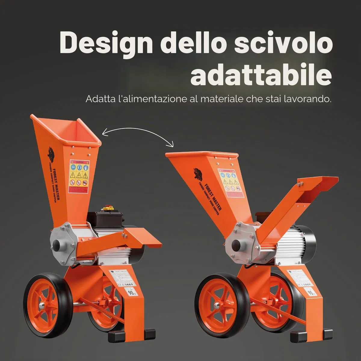 FM4DDE-EU-ADJ Cippatrice Elettrica 4hp con Tramoggia Rotante – Trasmissione Diretta, Compatta e Portatile – Sminuzza Rami fino a 50 mm di Diametro con Sistema Anti-Blocco Migliorato e Spina EU