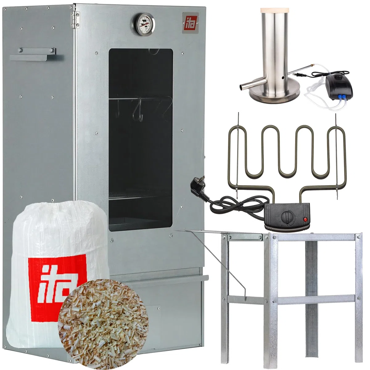 ITA Fumoir Électrique 7002 - Set Affumicatore con Riscaldamento, Tavolo, Generatore di Fumo - Armadio per Affumicatura con Finestra e Termometro - Acciaio Inox - Qualità UE - 81 cm con 3 Livelli