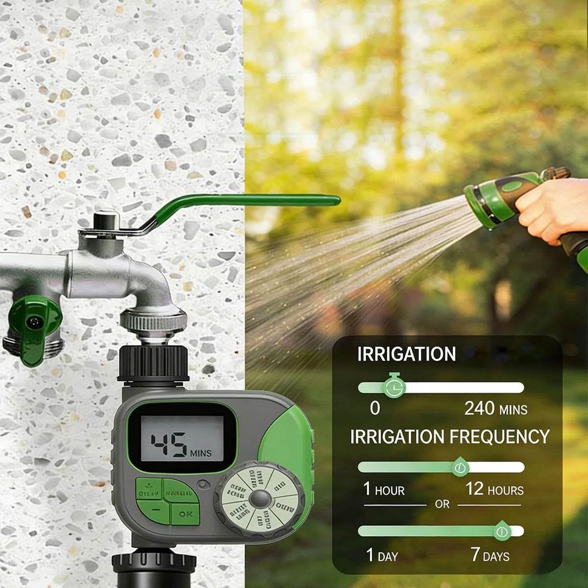 Temporizzatore automatico per l ' irrigazione del giardino con connessione europea per la cura della vegetazione all ' aperto e un controllo efficiente dei liquidi Dispositivo irrigazione facile da
