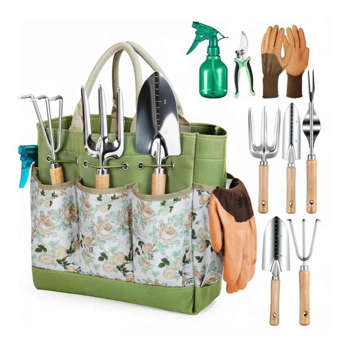 Set Attrezzi Giardinaggio Manuale Kit Attrezzi Giardino Strumenti Coltivazione Trapiantatore Zappetta Estirpatore in Acciaio Durevole con Manici in, Stainless Steel 9PCS
