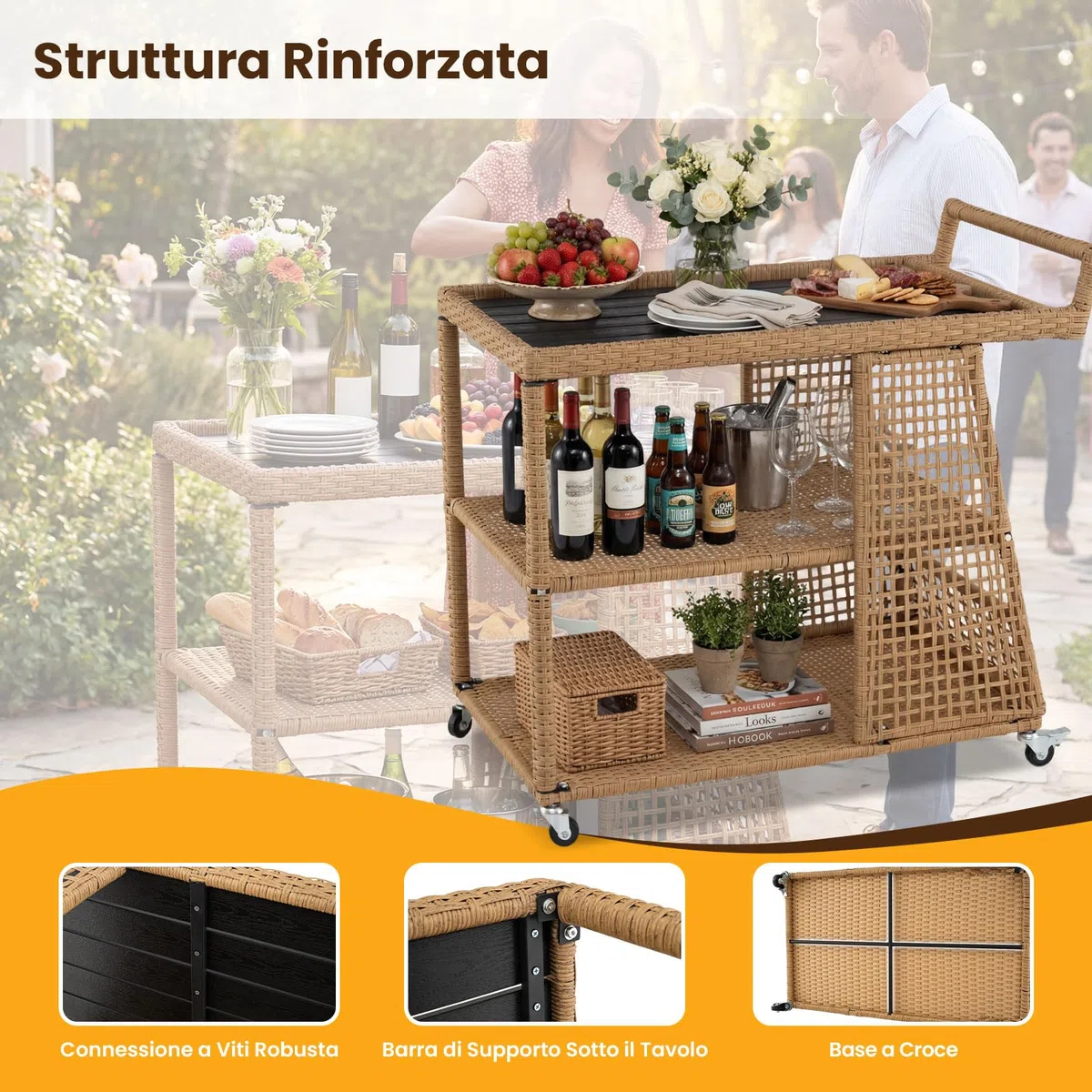 COSTWAY Carrello Bar da Esterno, Carrello Portavivande in Rattan con 4 Ruote, 3 Ripiani Aperto e Maniglia Laterale, Carrellino da Servizio per Cucina, Giardino e Bordo Piscina, 98 x 54 x 92 cm