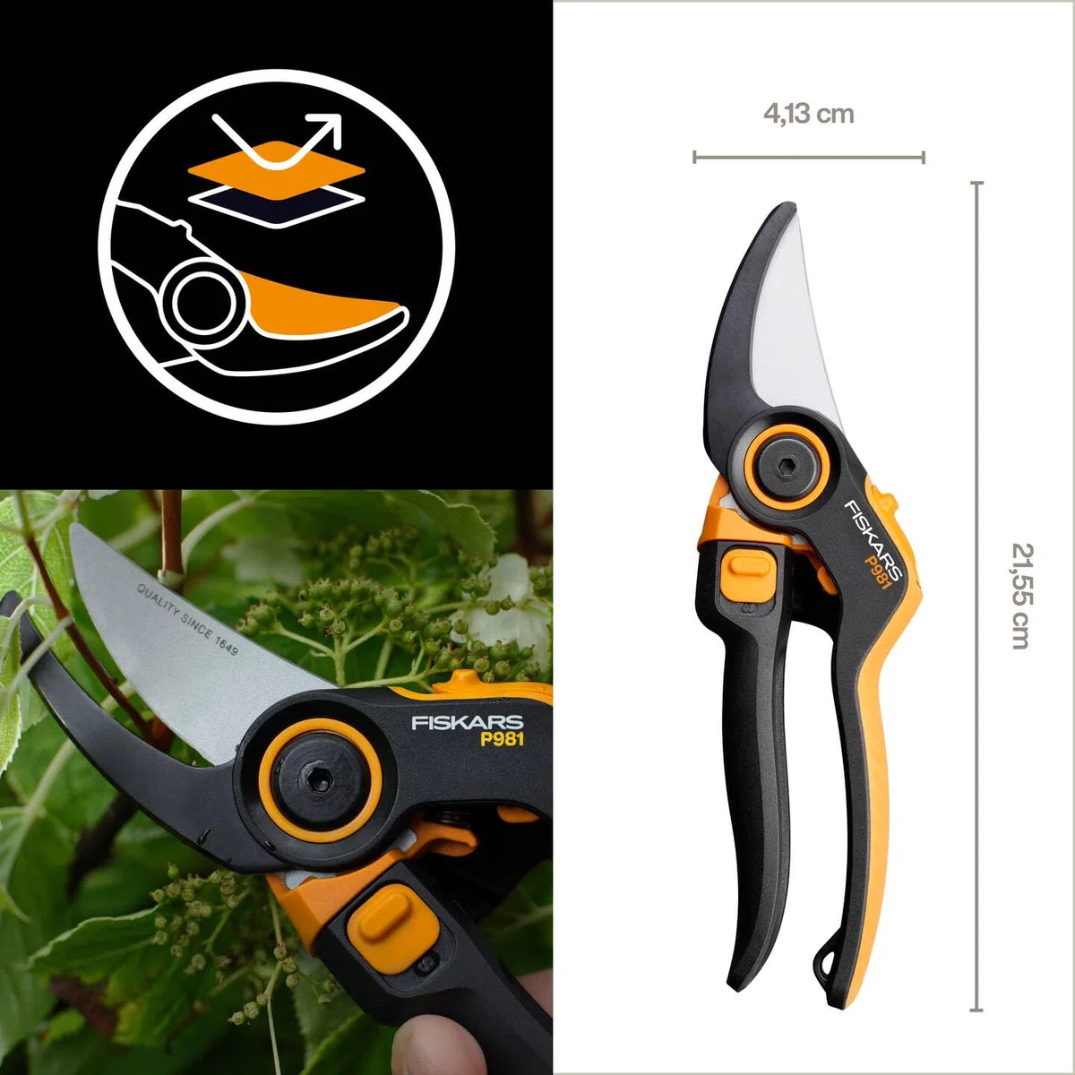 Fiskars X-series DualAction Cesoie da Giardino Bypass P981, Per Rami Sottili e Spessi, Impugnatura Ergonomica, Lame in Acciaio con Rivestimento Antiaderente, FiberComp, Nero/Arancione, 1080132