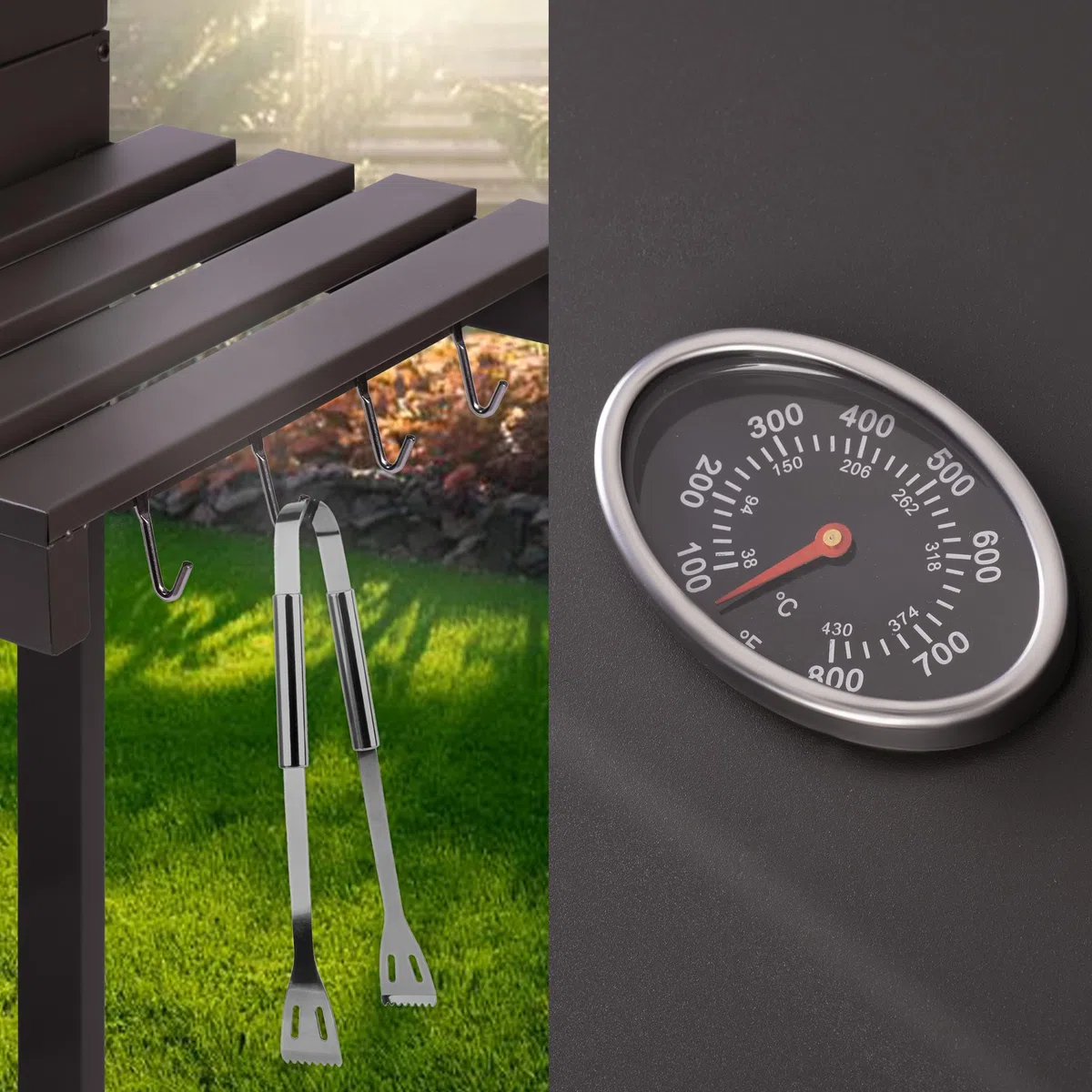 Berdsen BBQChef - Barbecue a carbonella con camino e griglia in ghisa, 41,5 x 57 cm, vassoio per carbone regolabile in altezza, termometro, ripiani laterali pieghevoli, mobiletto inferiore, griglia su