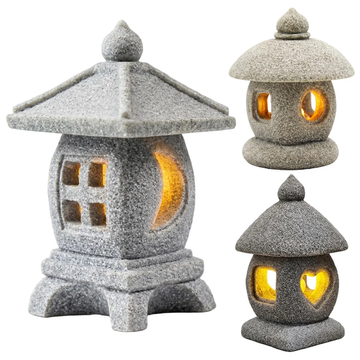 Statua da giardino a pagoda da 3 pezzi con luce LED calda, mini lanterna con texture in pietra realistica, decorazione da giardino giapponese e figurine bonsai