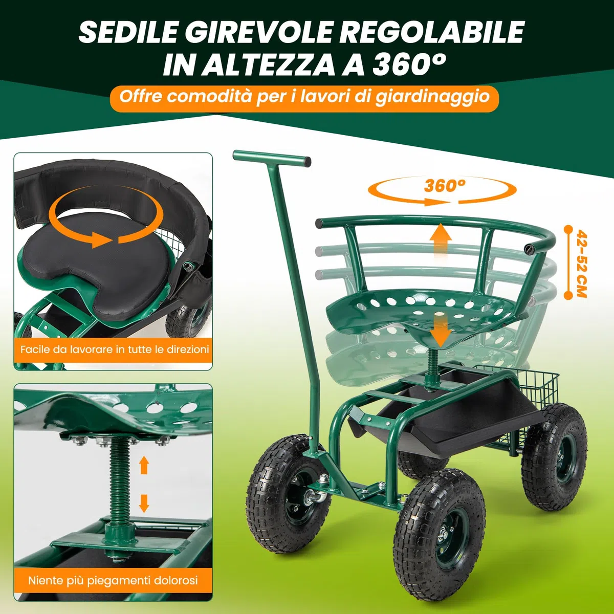 COSTWAY Sgabello per Giardinaggio con Ruote, Carrello da Giardino Regolabile in Altezza con Sedile Girevole a 360, Cuscino, 2 Maniglie di Sterzo e Vassoio Porta Utensili
