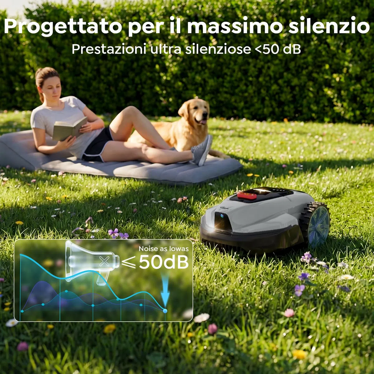 YARDCARE V3 robot tagliaerba senza cavo perimetrale, navigazione visiva, rilevamento di 150+ ostacoli e controllo tramite app, 50 dB, robot tagliaerba per giardini piccoli e medi, strisce magnetiche