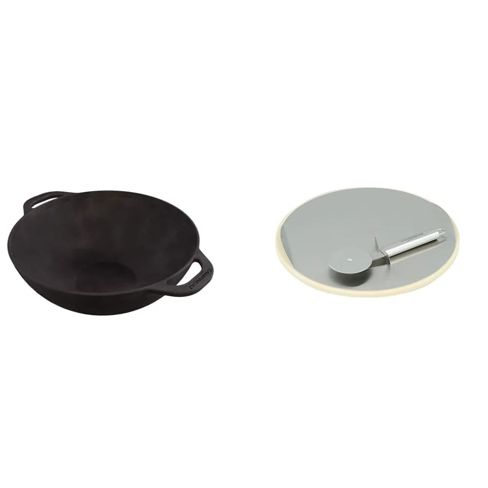 Campingaz Mandarin Wok per Griglie a Gas con Culinary Modular System, Padella Wok in ghisa, con Rivestimento Antiaderente e Manici & Culinary Modular Pietra Rotella Taglia Pizza, Argento
