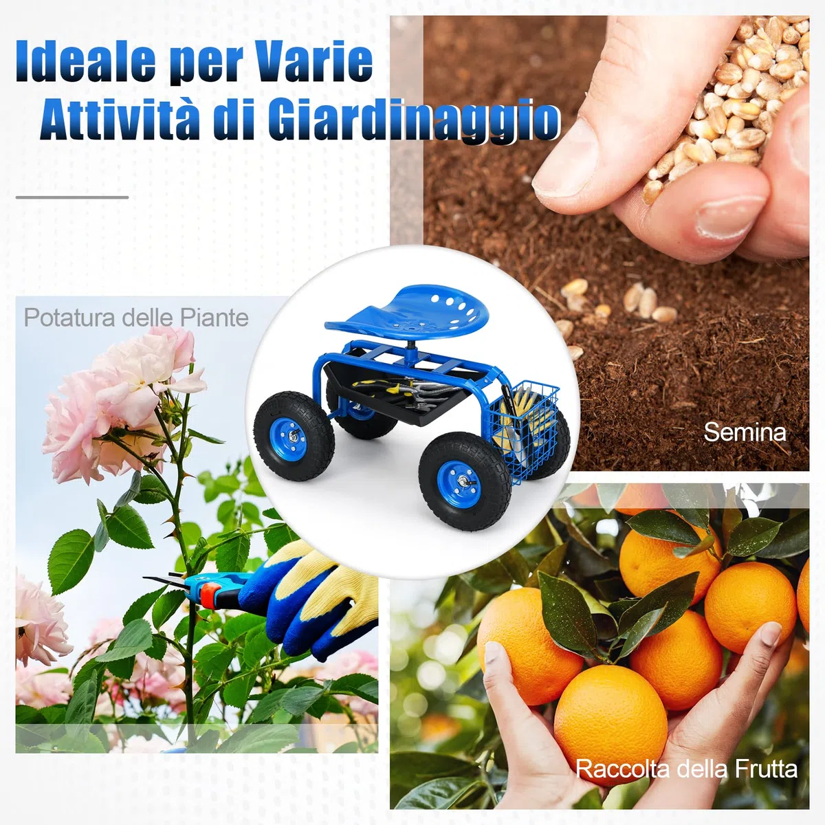 RELAX4LIFE Sgabello da Giardino per Esterno, Portata 130 kg, Sedia Carrello da Giardino con 4 Rotelline, Altezza Regolabile, Sgabello per Giardinaggio Potatura Orto (Blu)