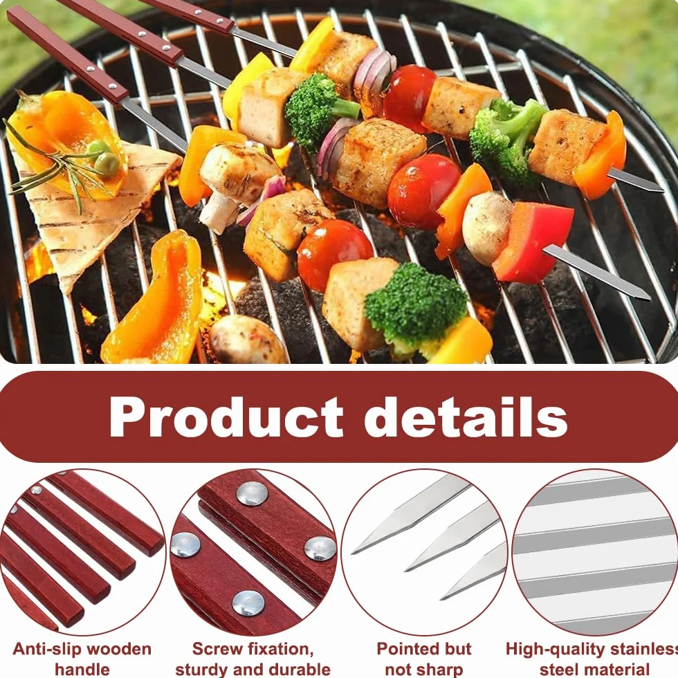 10 PCS spiedini per barbecue, Kebab Piatto da 35 cm, con Manico in Legno Resistente al Calore, Spiedini per Barbecue Riutilizzabili, Accessori per Griglia con Borsa, Kebab Multiuso