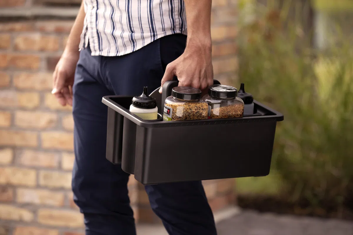 Weber Works Contenitore con coperchio a vassoio / accessorio per ripiani laterali, stazione di preparazione e supporto Weber Works, maniglia pieghevole, 14 x 37 x 24 cm