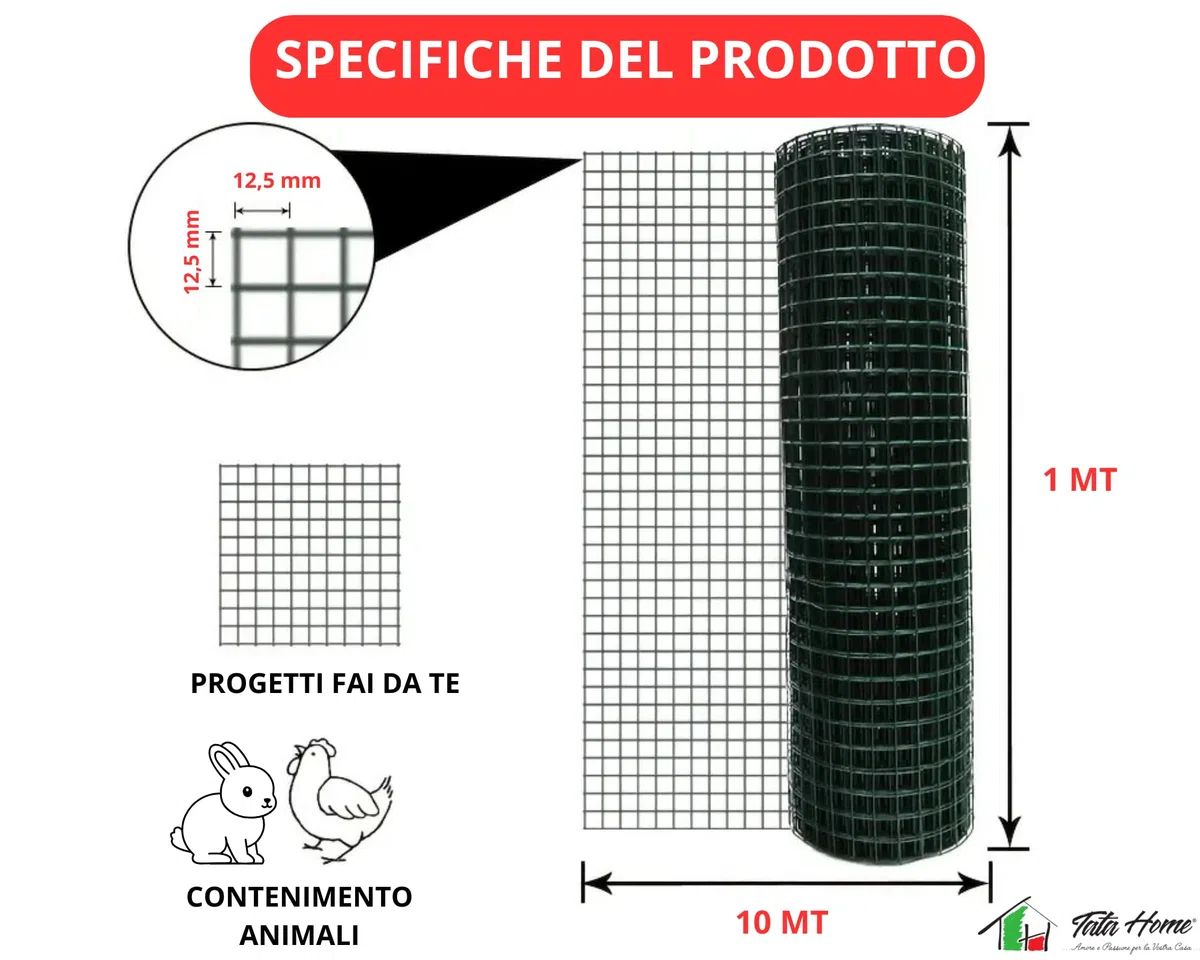 Rete Metallica Plastificata Verde Elettrosaldata Rete Per Recinzioni Maglia Stretta Quadra 12,5x12,5 mm per Voliere Gabbie Uccelli Orti e Giardino Misura 1 X 10 MT