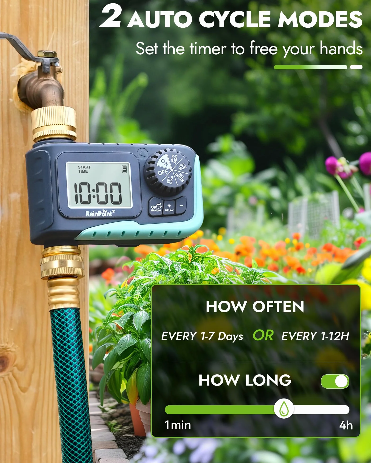 RAINPOINT Timer irrigatore con ingresso e uscita in ottone, timer programmabile per tubo da giardino, timer per irrigazione con ritardo della pioggia/sistema di irrigazione manuale, irrigazione