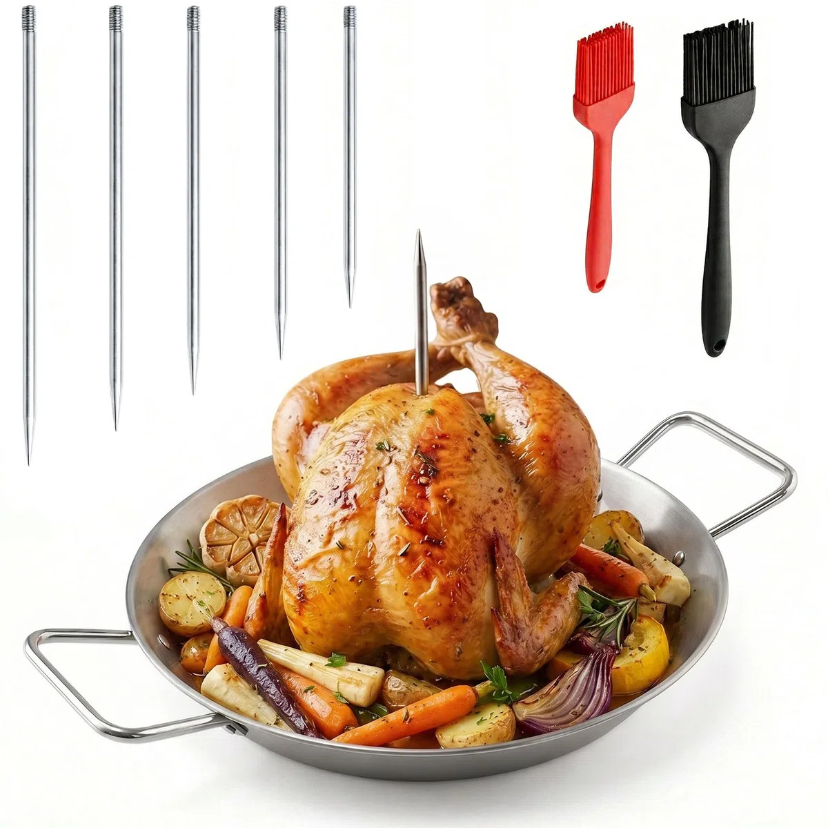 Supporto Verticale per Kebab in Acciaio Inox, Spiedo Verticale Acciaio con 5 Spiedi Rimovibili e 2 Pennelli Silicone, Teglia da 25 cm per Shawarma, Gyros, Pollo Arrosto, Carne, Forno e Barbecue