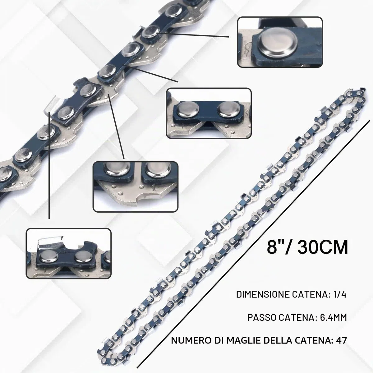 Catena per Motosega, 47 Maglie di Trasmissione per Guida-Catena da 20,32 cm (8 Pollici), catena di Ricambio ad Alta Durabilità per Motosege Senza Fili - 1 Pezzo